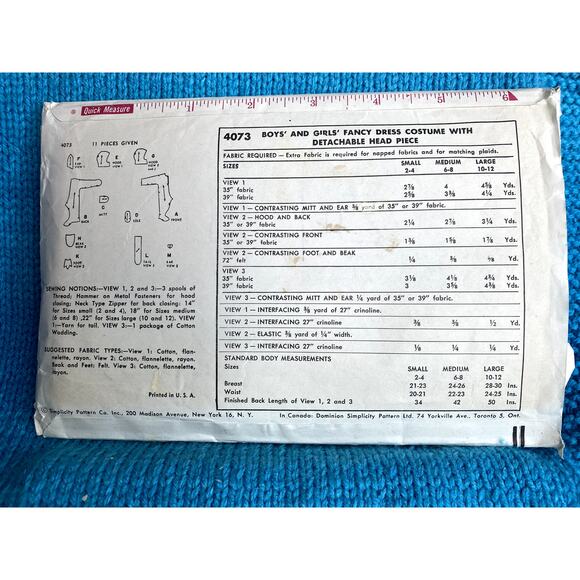 simplicity 4073 Sewing pattern Child bunny Penguin cat costume 1950s Size Medium - Picture 5 of 5